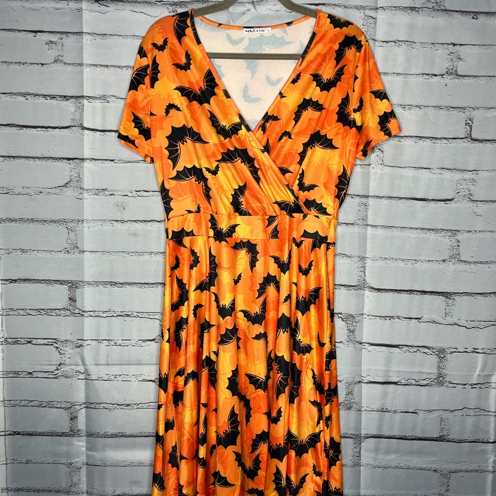 Orange and Black Wrap Midi/Maxi Halloween Bat Sundress SZ L V-Neck Holiday Goth